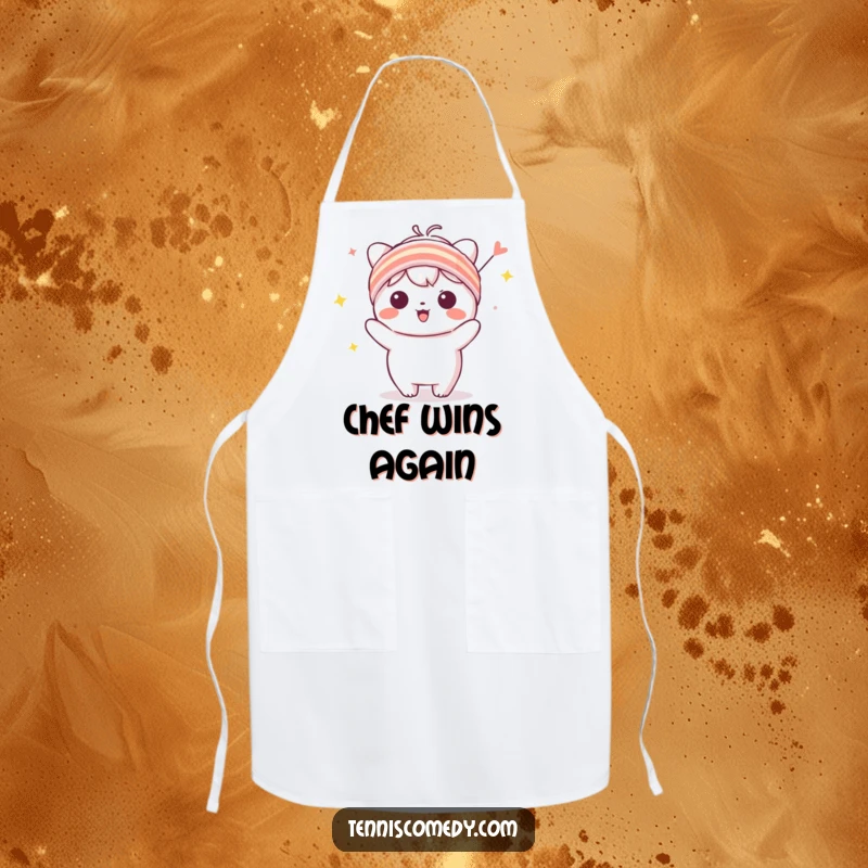 Funny Kawaii character apron with a tiny sweatband, in a celebratory pose, perfect for a spirited addition to the kitchen.