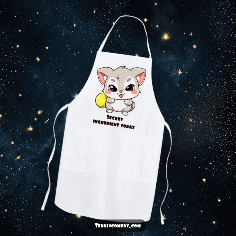 Funny apron showing a mischievous character hiding a tennis ball behind its back, perfect for a playful cook.