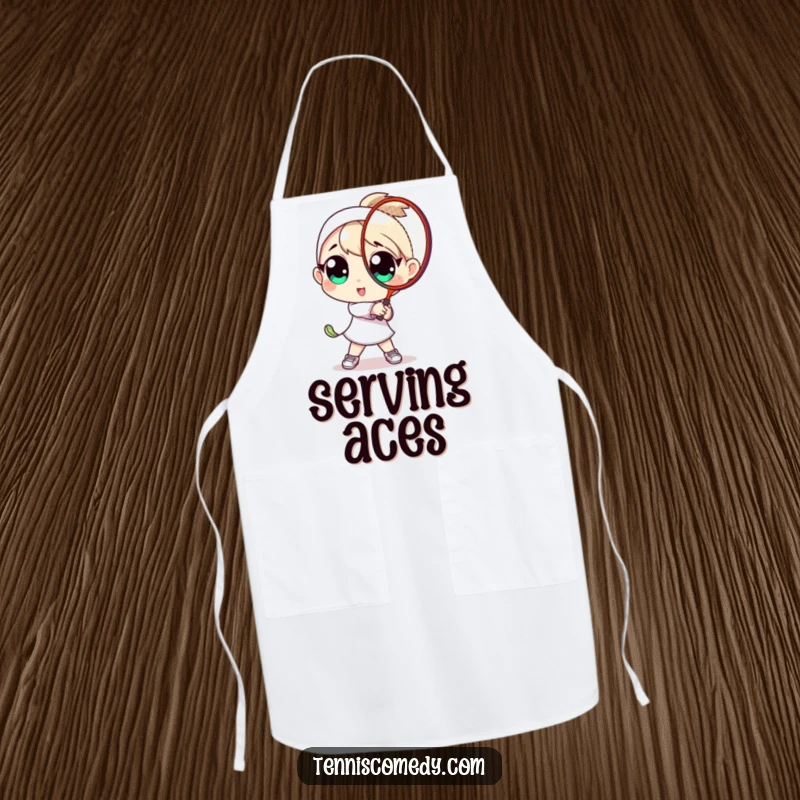 Funny apron featuring a character with large eyes playfully swinging a tennis racket. Adds humor to kitchen tasks.