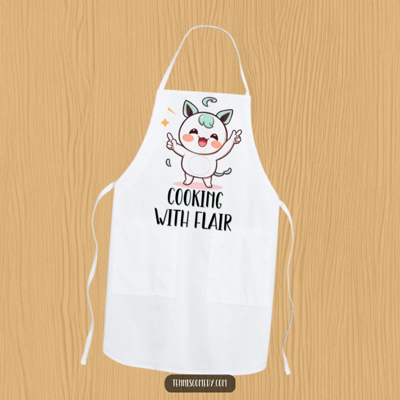 Funny Kawaii character apron featuring a character comically celebrating a point with a silly dance, perfect for kitchen fun.