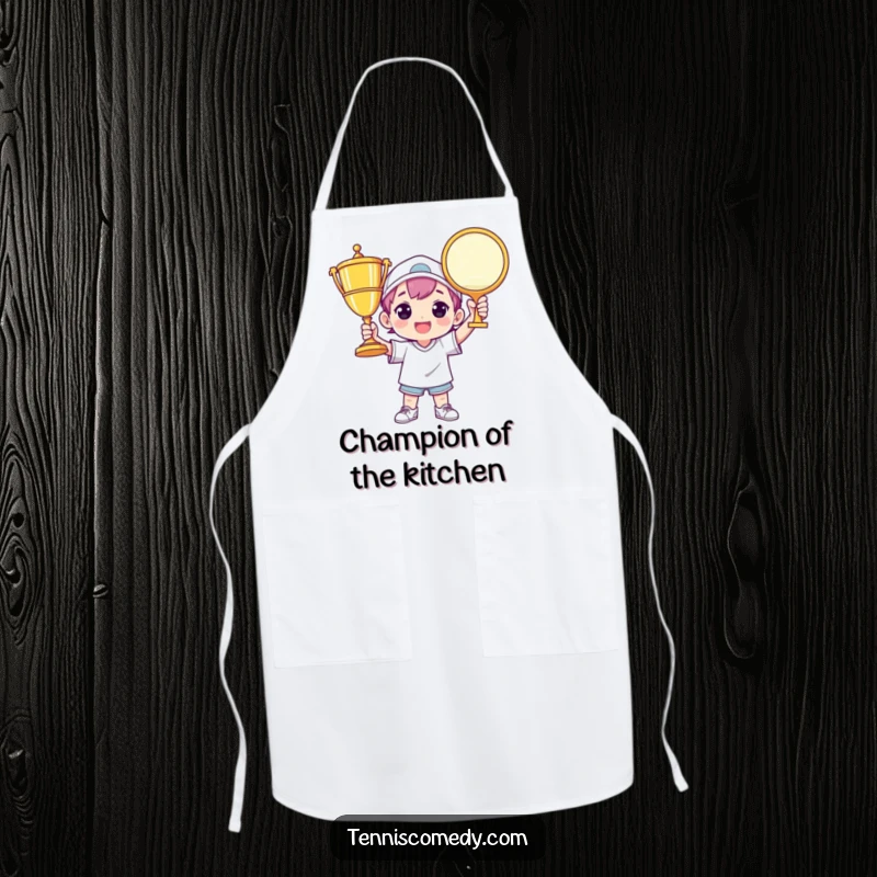 Funny tennis apron featuring a character triumphantly holding a giant tennis trophy, perfect for kitchen use with a winning flair.