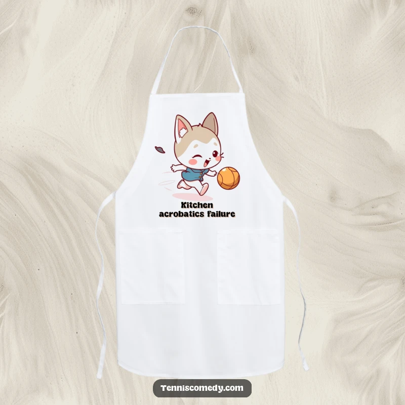 Funny apron featuring a cute character comically tripping during a spirited ball chase, ideal for kitchen humor.