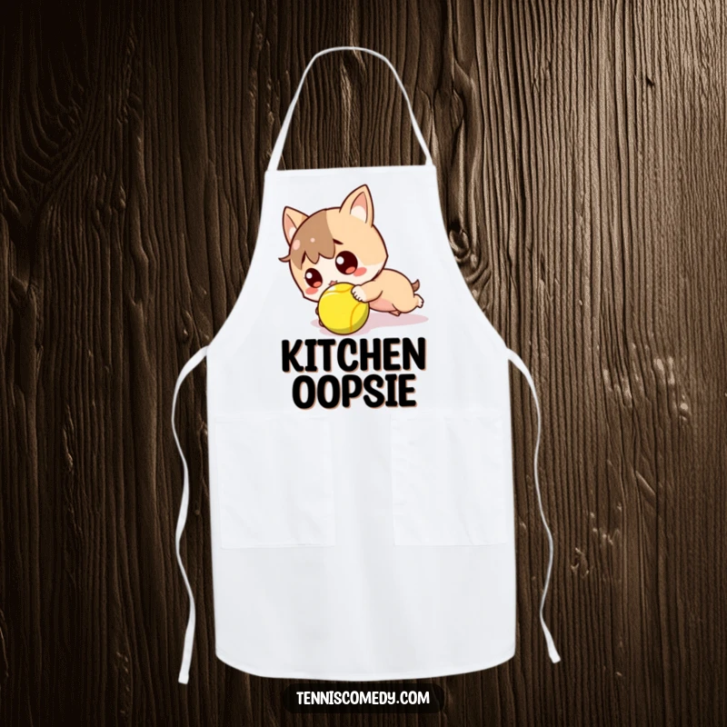 Funny apron with a kawaii tennis player tripping over a tennis ball, looking surprised mid-cooking.