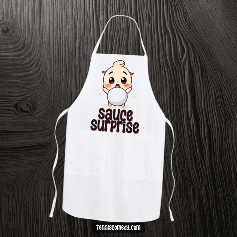 Funny apron with a cute character showing surprise at a bouncing tennis ball. Humorous kitchen wear for tennis lovers.