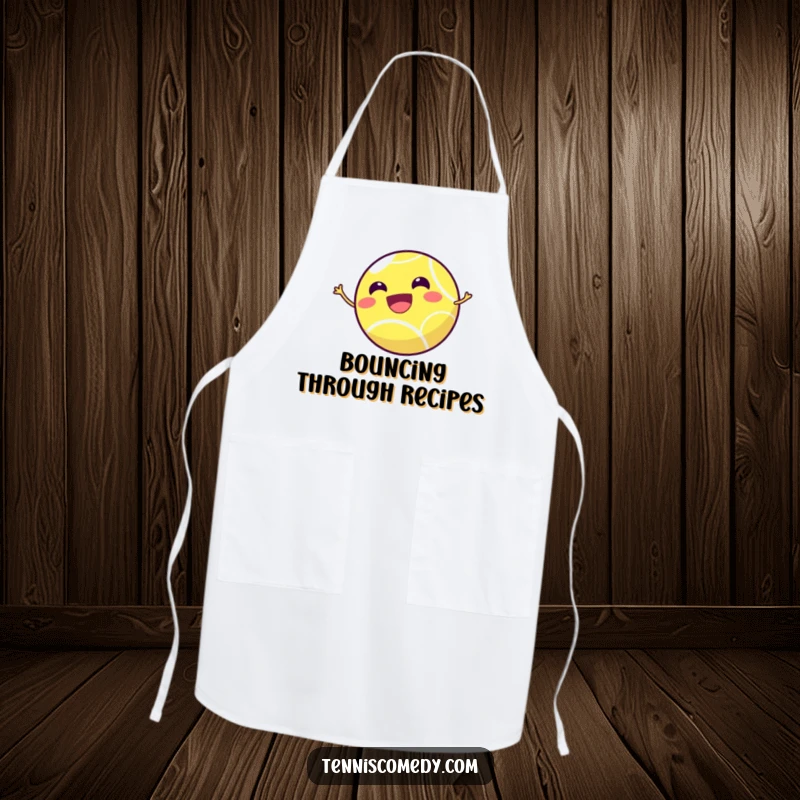 Funny tennis ball apron showing a tiny, smiling tennis ball joyfully bouncing high, bringing sporty fun to cooking.
