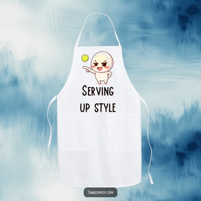 Funny apron, character with mischievous grin and tennis ball, kitchen wear, playful, perfect for cooking or grilling.