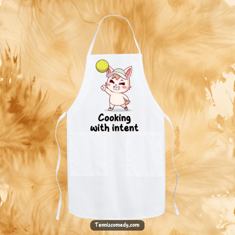 Funny apron depicting a cartoon tennis player with a determined grin powerfully serving a tennis ball. Humorous kitchen wear.