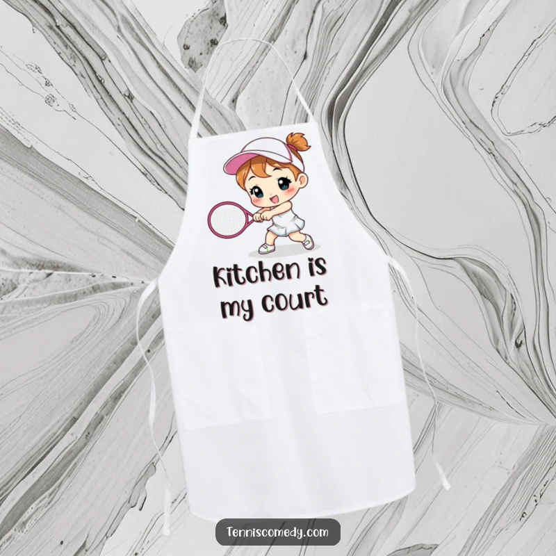 Funny cute character apron smashing a tennis racket, humorous kitchen accessory, great for cooking and parties, ideal funny gift.