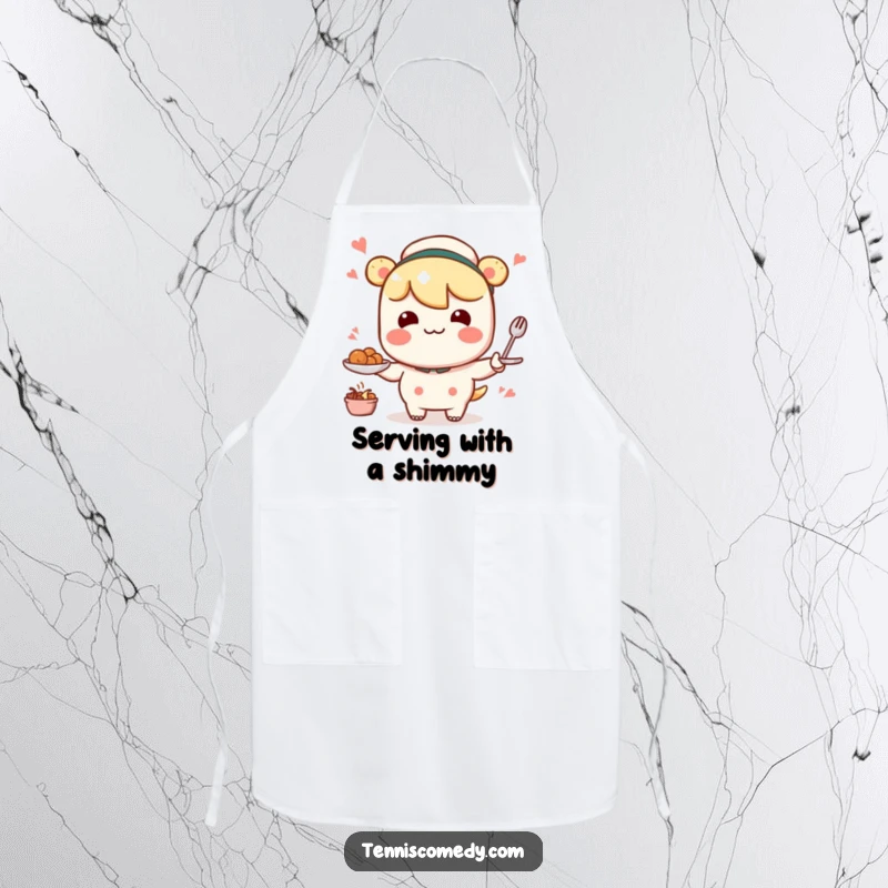 Funny Kawaii character apron featuring a comical, wobbly serving motion, perfect for kitchen fun and clumsy chefs.