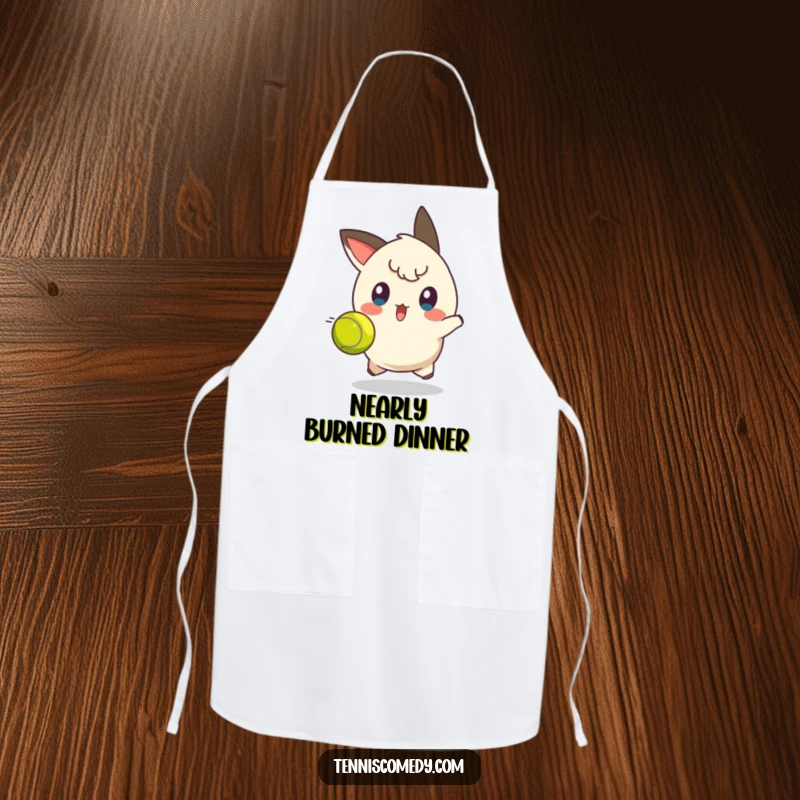 Funny tennis dodge apron showing a character with a surprised expression, trying to avoid a tennis ball, perfect for kitchen protection.