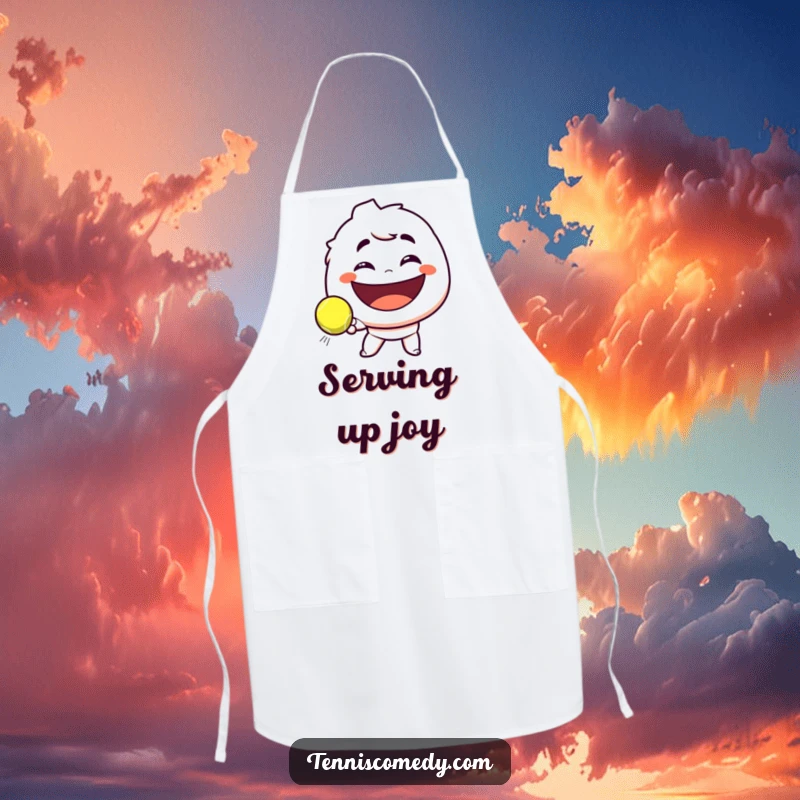 Funny apron showing a character with a mischievous smirk, playing tennis and about to hit a ball towards a giant smile, perfect for a humorous cook.