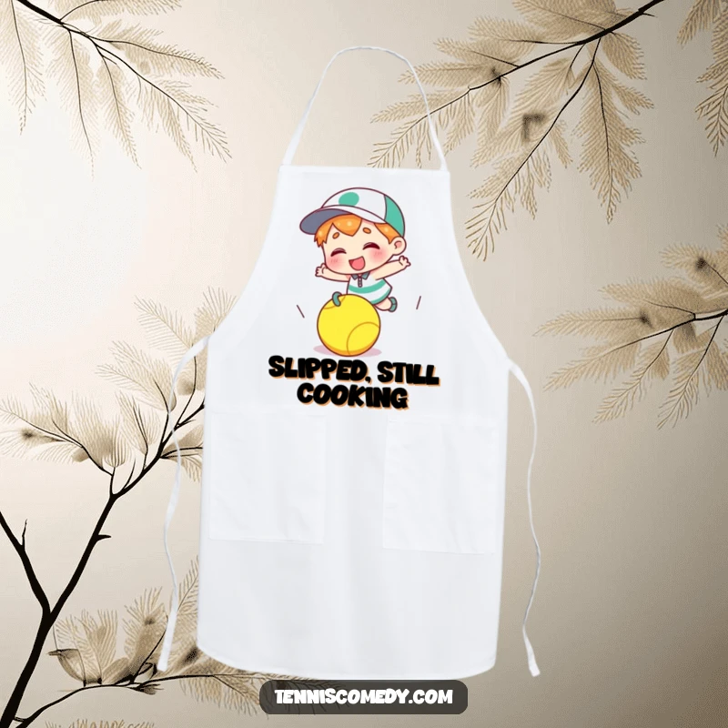 Funny cartoon character apron tripping over a tennis ball, humorous kitchen accessory, suitable for cooking, ideal funny gift.