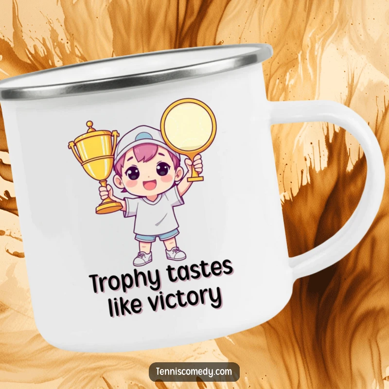 Funny tennis camping mug showing a character triumphantly holding a giant tennis trophy, durable and humorous for outdoor wins.