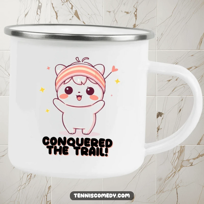 Funny Kawaii character camping mug with a tiny sweatband, in a celebratory pose, perfect for outdoor adventures and wins.