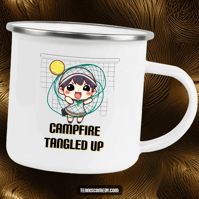 Funny tennis camping mug showing a character hilariously tangled in a tennis net, durable and humorous for outdoor use.