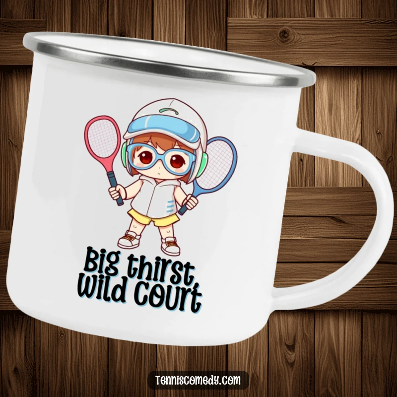Funny camping mug featuring a character in oversized tennis gear, posing humorously outdoors.