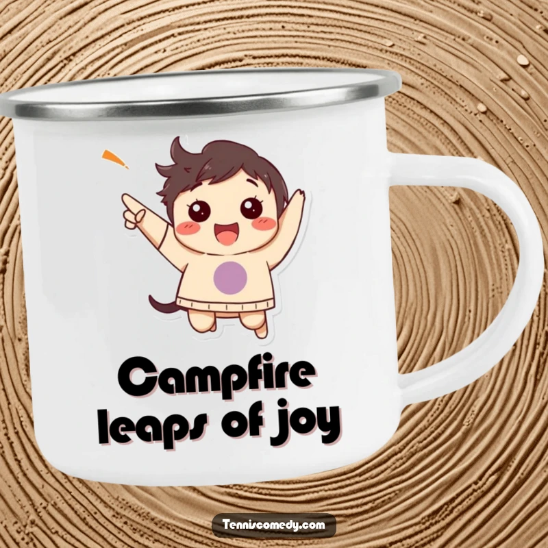 Funny camping mug featuring a character performing a happy jump, celebrating a moment outdoors.