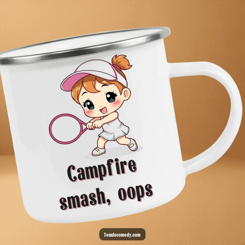 Funny cute character camping mug smashing a tennis racket, durable outdoor drinkware, humorous sports theme, great funny gift.