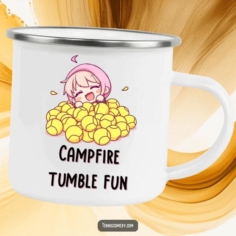 Funny camping mug showing a character comically diving into a pile of tennis balls, ideal for outdoor lovers with a humorous outlook.