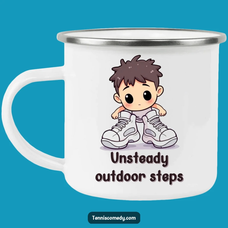 Durable Funny Stumbling Tennis Camping Mug: Hilarious Outdoor Court Antics!