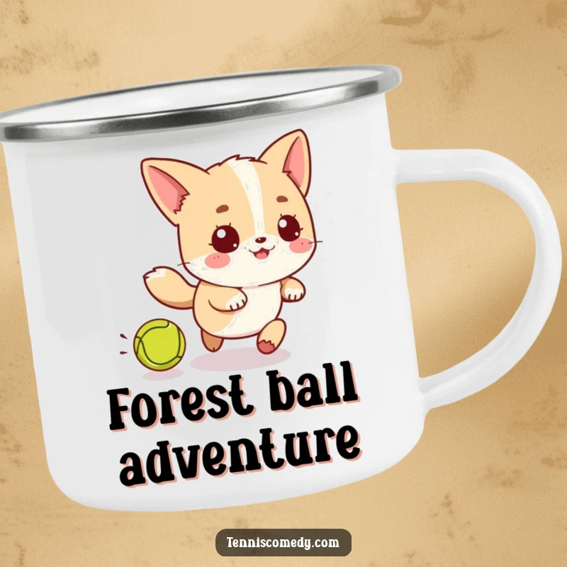 Funny Kawaii Tennis Chase Camping Mug: A cute character playfully chasing a tennis ball, adding cheer to outdoor beverages.