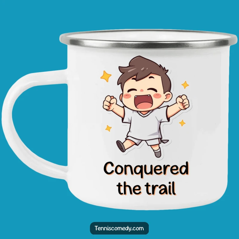 Funny Camping Mug: Cheerful Character's Victory Brew
