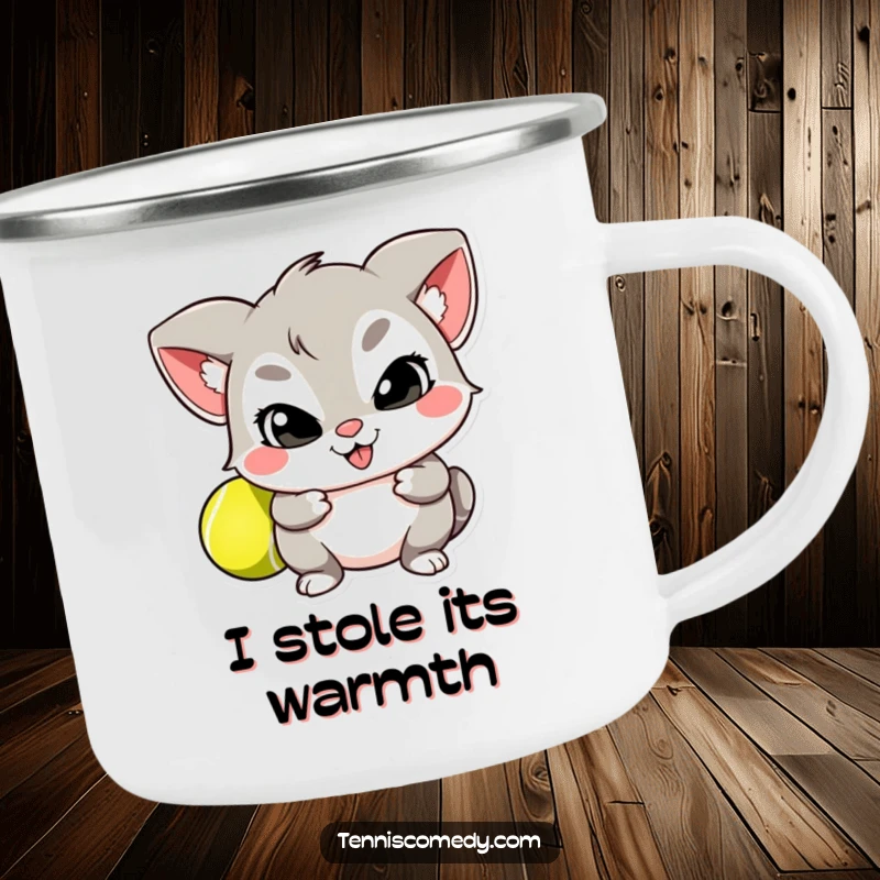 Funny camping mug with a mischievous character hiding a tennis ball behind its back, durable and humorous for outdoor trips.