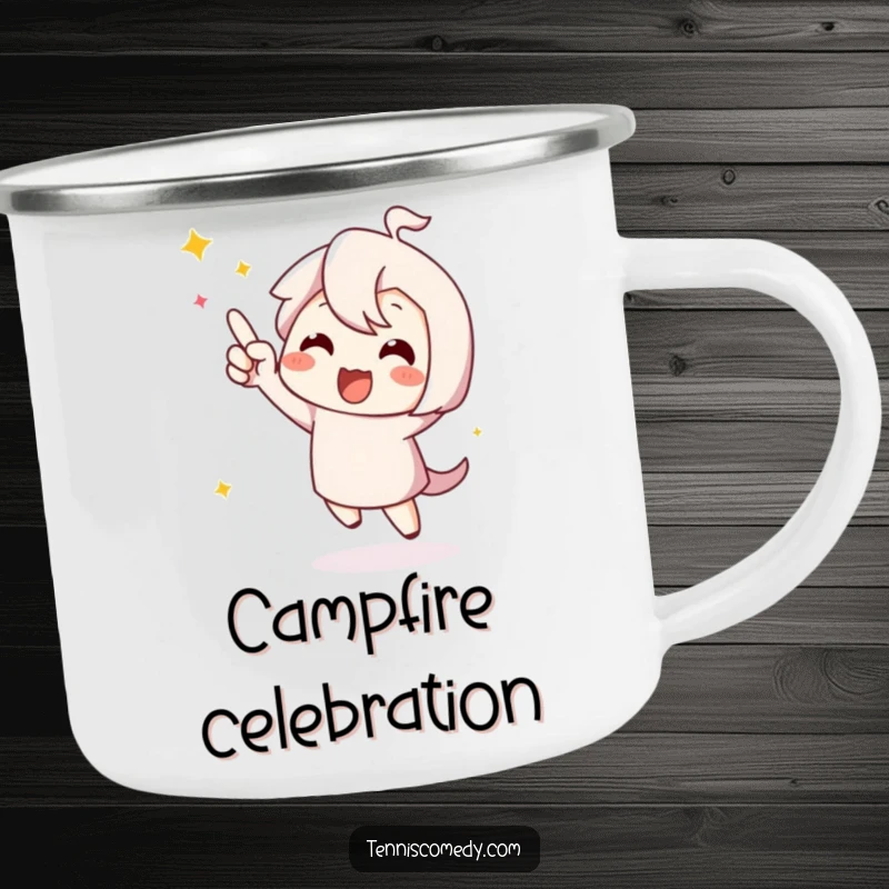 Funny cute character camping mug, dancing happily to celebrate a point, ready for outdoor celebrations.