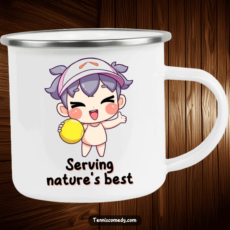 Funny cartoon character camping mug serving a tennis ball with a goofy wink, durable outdoor drinkware, humorous sports theme, great funny gift.