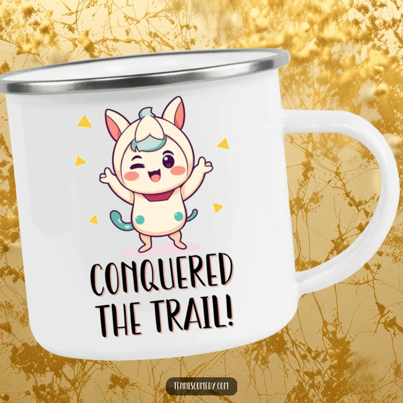 Funny camping mug illustrating a cute kawaii character performing a jubilant victory dance, bringing joy to any outdoor setting.