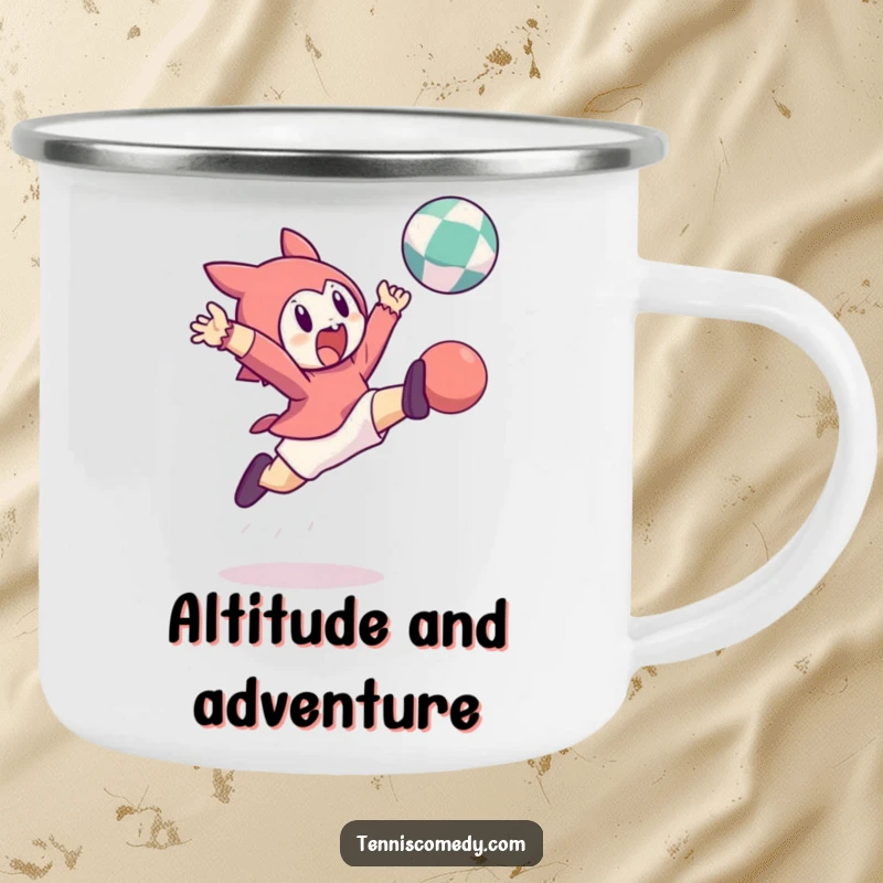Funny camping mug: character leaping high to hit a bouncing ball. Durable and humorous for adventures.