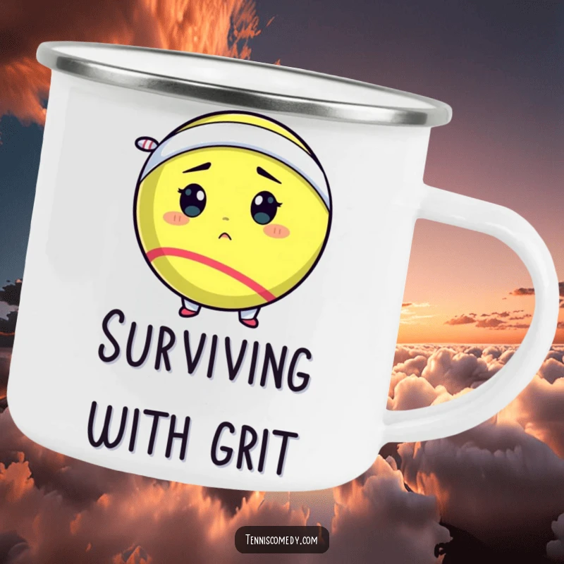 Funny tennis ball camping mug showing a determined tennis ball comically wearing a tiny sweatband, perfect for adventurers.