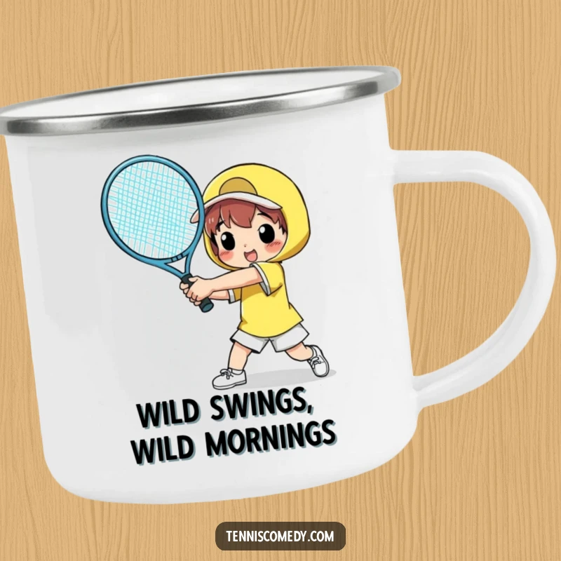 Funny camping mug showing a character comically swinging a huge tennis racket, ideal for outdoor enthusiasts who enjoy a good laugh.