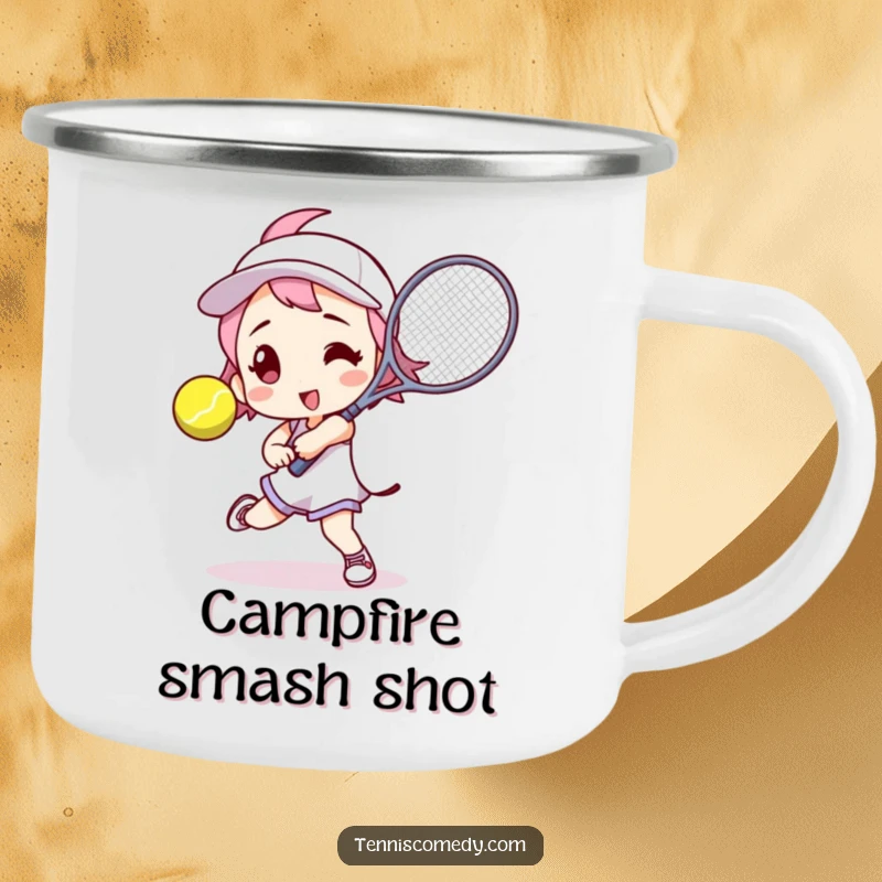 Funny tennis player camping mug with a character in an action pose, ready to hit a tennis ball, built for durability and humor.