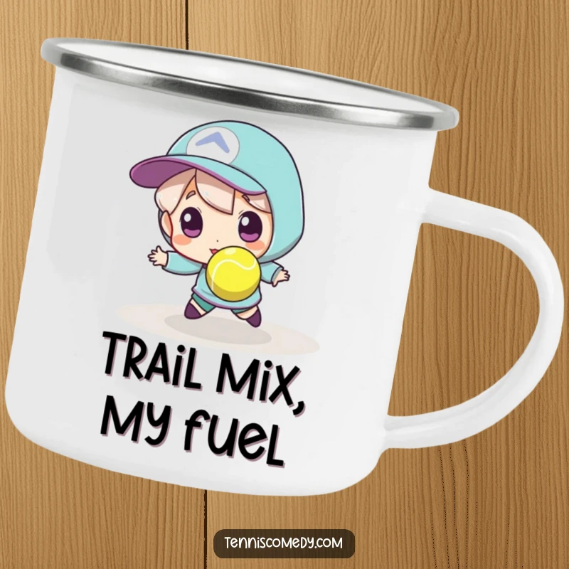 Funny tennis camping mug, sturdy enamel, depicting a player lunging for a tiny, fast tennis ball, great for outdoors.