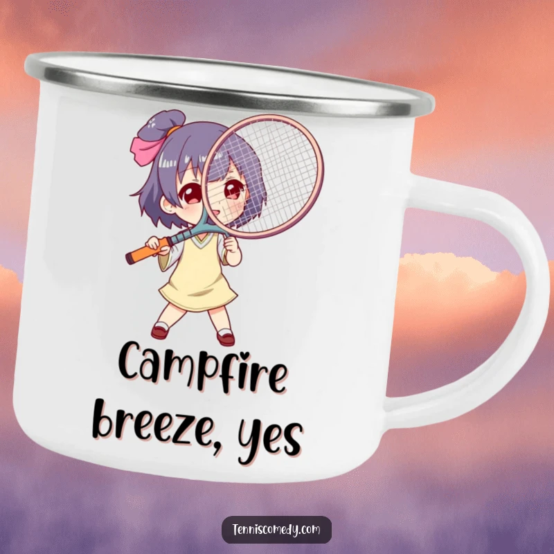 Funny tennis racket fan camping mug, enamel finish, shows a character using a tennis racket as a giant fan, great for camping.