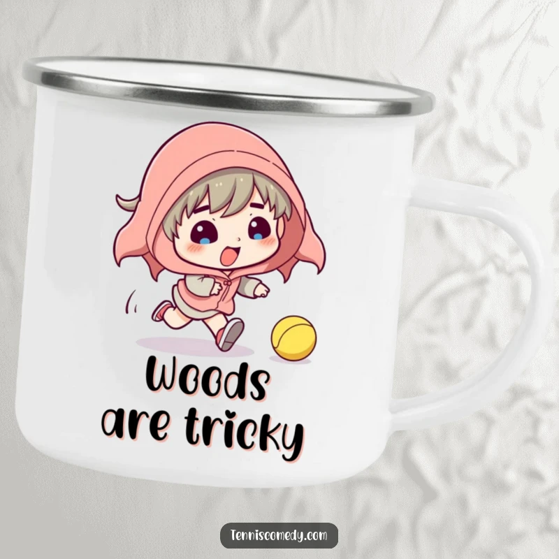 Funny camping mug featuring a cartoon tennis player comically tripping during a tennis ball chase. Durable outdoor humor.