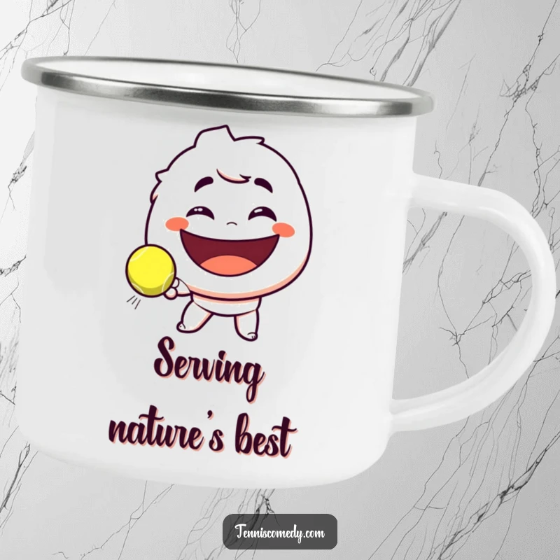 Funny camping mug showing a character with a playful smirk, hitting a tennis ball towards a happy smile, ideal for outdoor tennis humor.