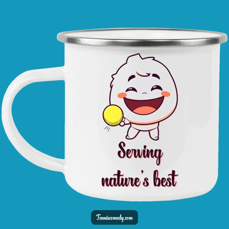 Funny Tennis Smirk Camping Mug: Enjoy Your Drink with Playful Character's Joyful Serve