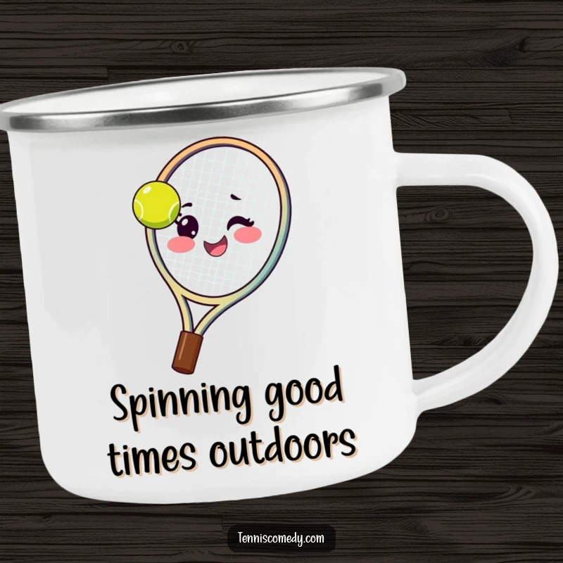 Funny tennis racket camping mug showing a happy racket spinning a ball on its strings with a wink, perfect for adventurers.