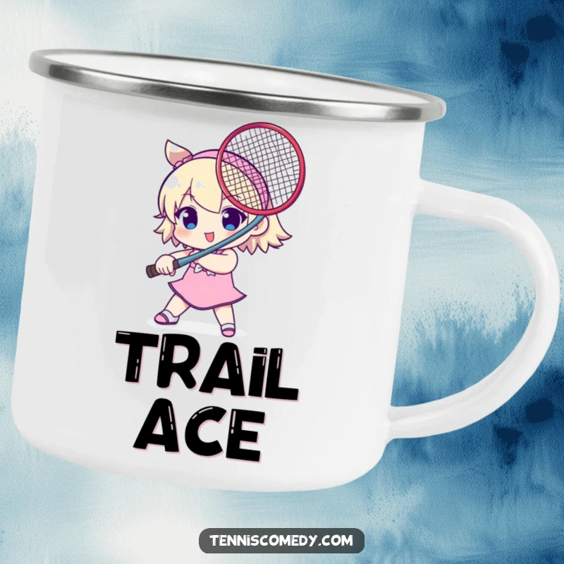 Funny camping mug with a cute character using a tennis racket as a sword. Durable and humorous outdoor drinkware.