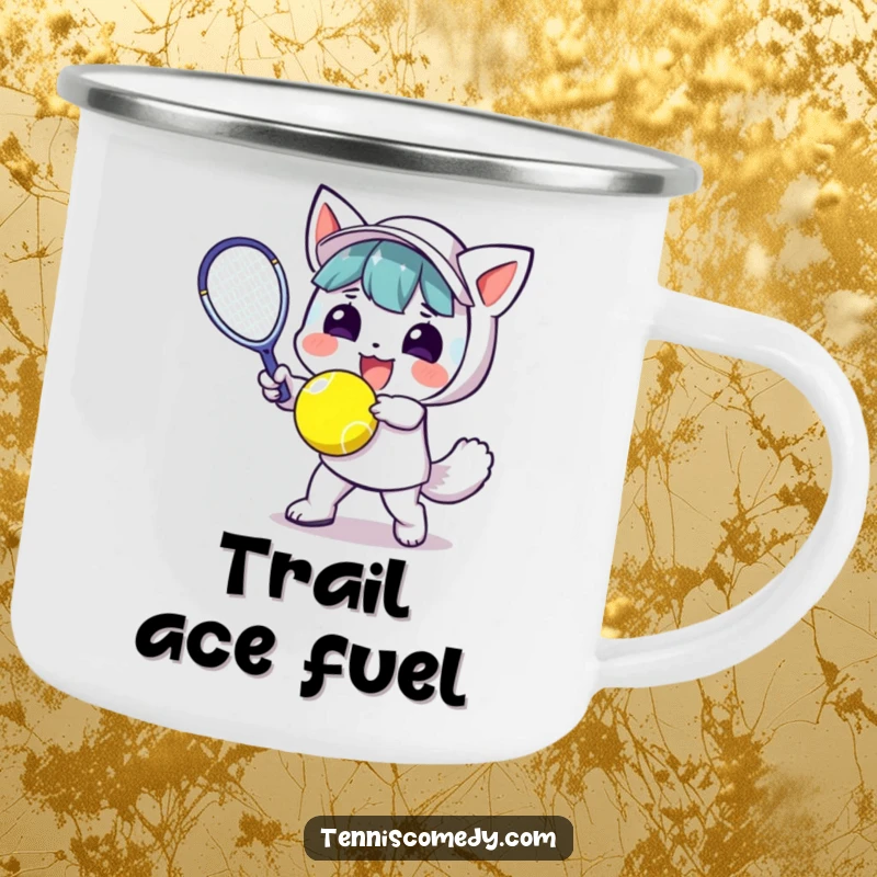 Funny Kawaii Tennis Camping Mug: Cute character swings a tennis racket outdoors, bringing humor and warmth to your camping trips.