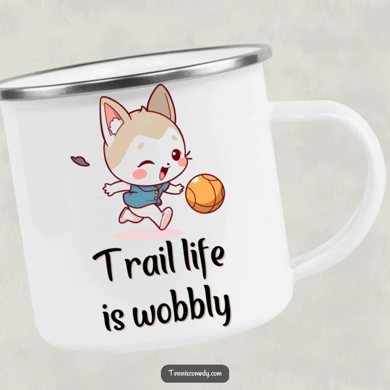 Funny camping mug showing a cute character comically tripping during a ball chase, built for outdoor fun and humor.