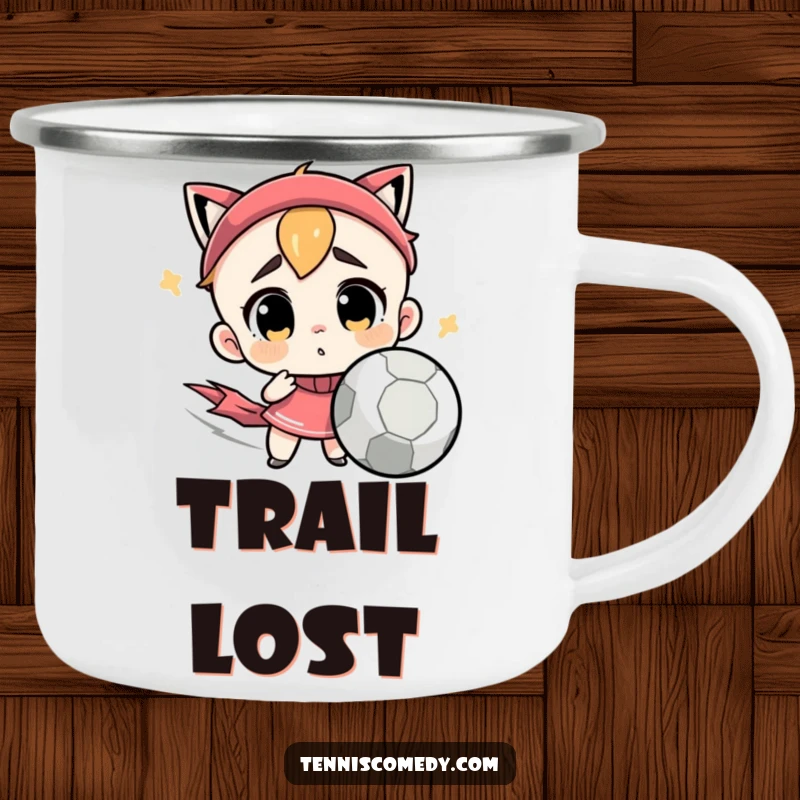 Funny camping mug with a cute character looking confused by a very fast tennis ball. Durable and humorous drinkware.