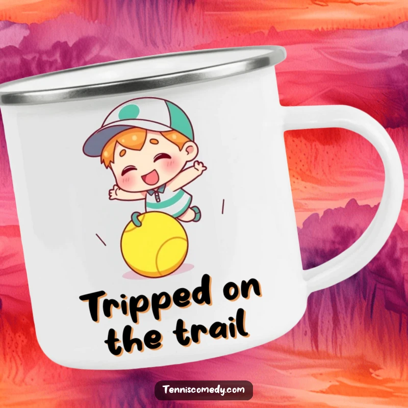 Funny cartoon character camping mug tripping over a tennis ball, durable outdoor drinkware, humorous sports theme, great funny gift.
