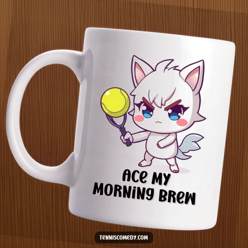 Funny tennis mug featuring a determined character mid-serve with exceptional flair, ready to dominate the court with a smile.