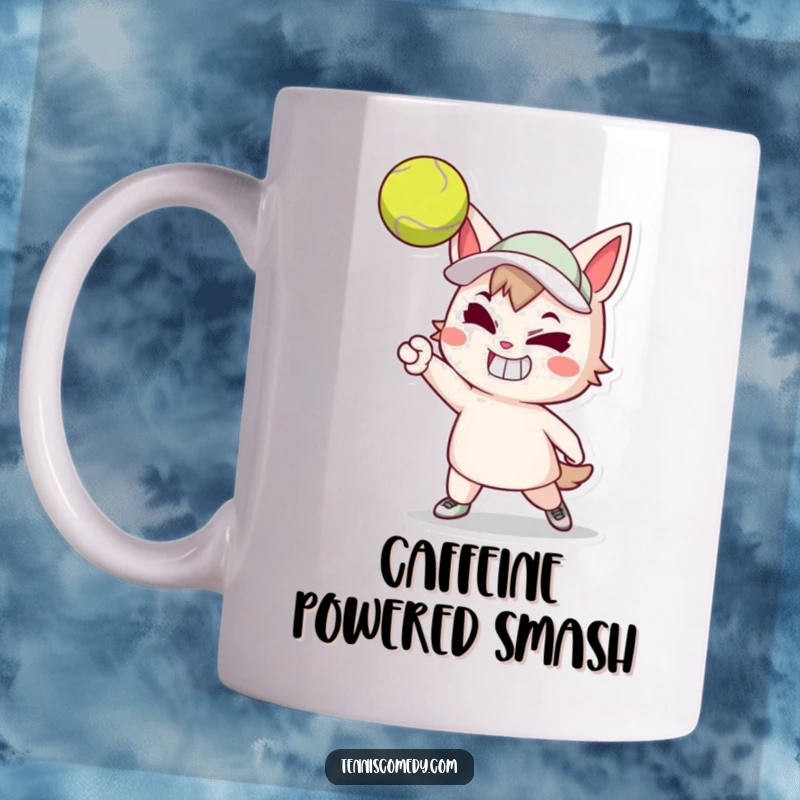 Funny mug of a cartoon tennis player with a determined grin powerfully serving a tennis ball. Enthusiastic sports gift.
