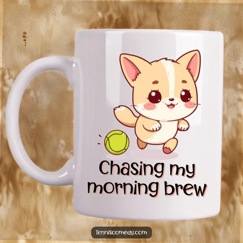 Funny Kawaii Tennis Ball Chase Mug: Cute character gleefully chasing a rogue tennis ball, showcasing playful energy and sports enthusiasm.