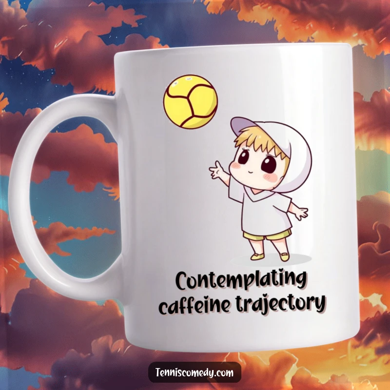 Funny mug of a cartoon tennis player tossing a tennis ball high, intently watching its spin. Contemplative sports gift.