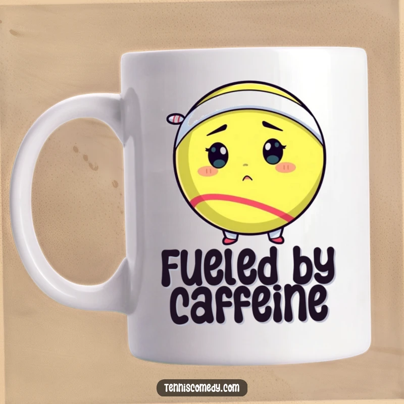 Funny tennis ball mug featuring a determined tennis ball comically wearing a tiny sweatband, ready for any challenge.